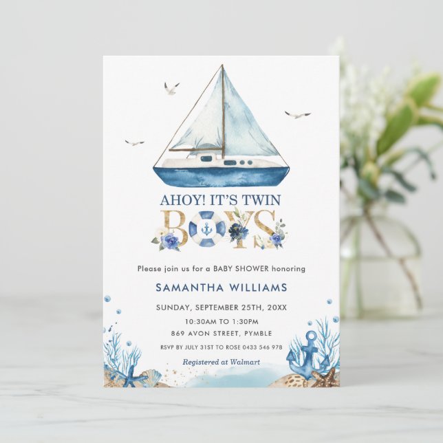 Nautical Boat Ahoy Det är en liten babyskåda.  Inbjudningar (Stående Fram)