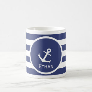 Nautical Boat Anchor Blue and White Rand Namn Kaffemugg