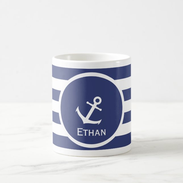 Nautical Boat Anchor Blue and White Rand Namn Kaffemugg (Center)