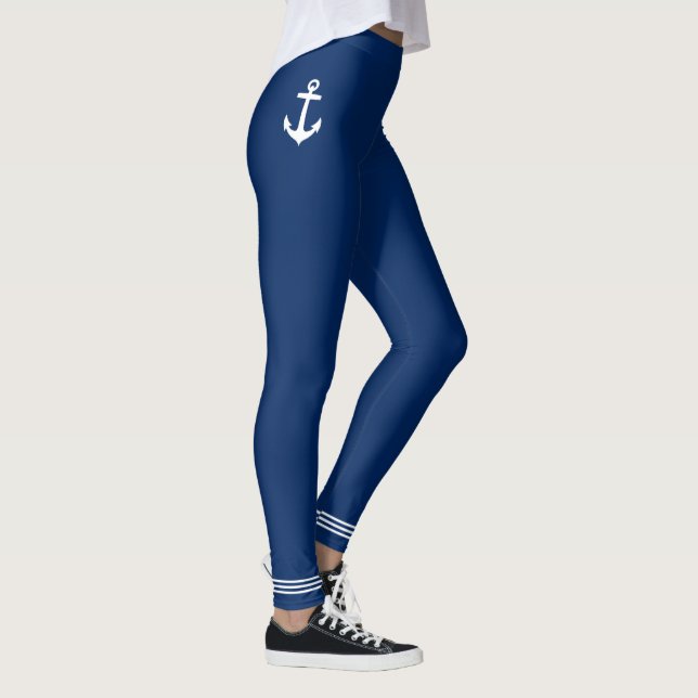 Nautical Boat Anchor Navy Blue Rand Leggings (Höger)