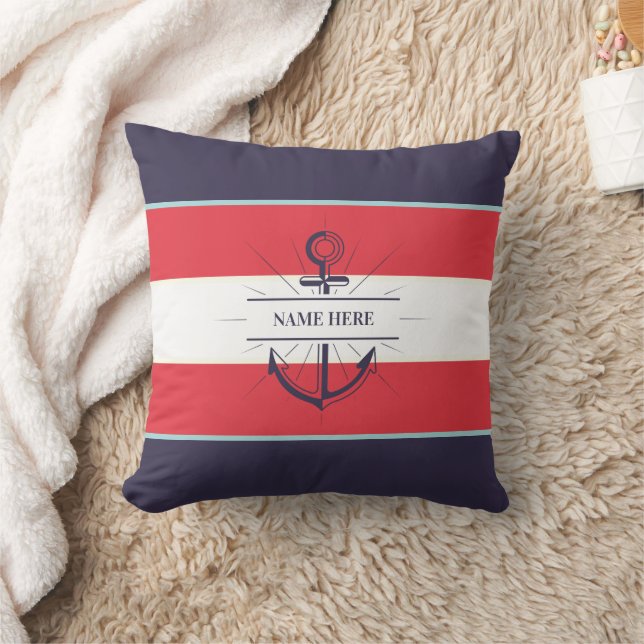 Nautical Boat Anchor Navy Blue Red White Kudde (Filt)