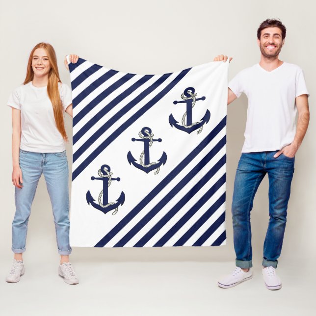 Nautical Boat Anchor/Navy blue/white rand Fleecefilt (På plats)