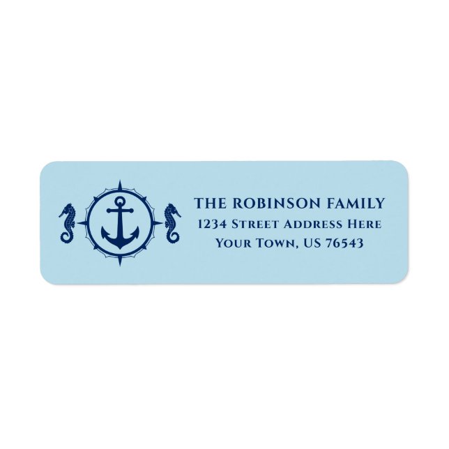 Nautical Boat Anchor Seahorse Ice Blue Adress Returadress Etikett (Framsidan)