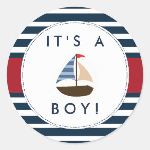 Nautical Boat Baby Shower Stickers - det är en poj Runt Klistermärke