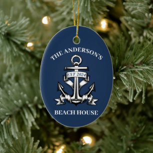 Nautical Boat Beach House Anchor Family Namn Est Julgransprydnad Keramik