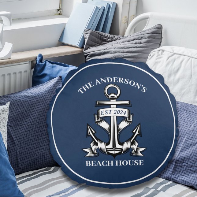Nautical Boat Beach House Anchor Family Namn Est Rund Kudde (Nautical Boat Beach House Anchor Family Name Est Round Pillow)