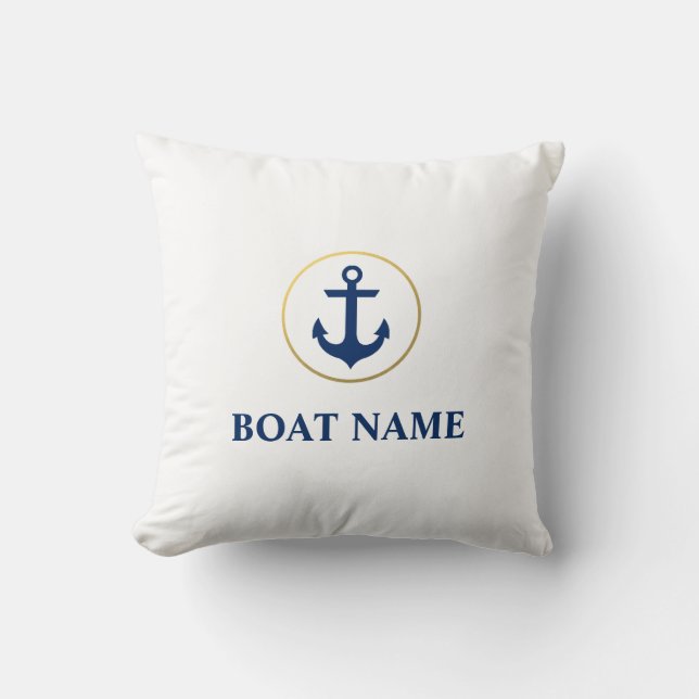 Nautical Boat Namn Anchor Blue White Guld Kudde (Framsida)