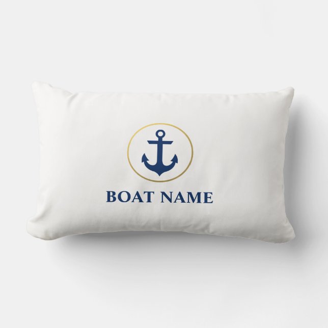 Nautical Boat Namn Anchor Blue White Guld Lumbarkudde (Framsida)
