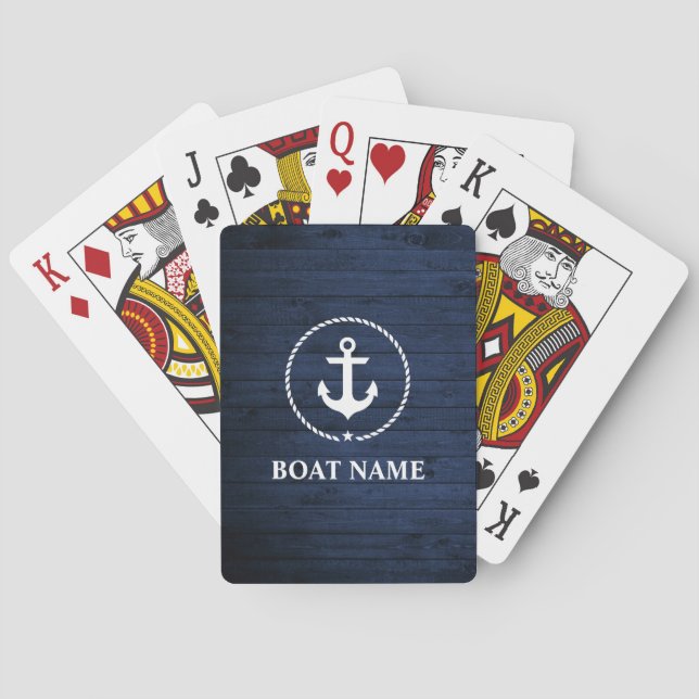 Nautical Boat Namn Anchor Blue Wood Casinokort (Baksidan)