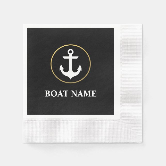 Nautical Boat Namn Anchor Cocktail Black Guld Pappersservett (Framsidan)