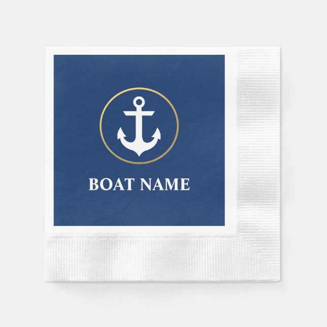 Nautical Boat Namn Anchor Cocktail Blue Guld Pappersservett (Framsidan)