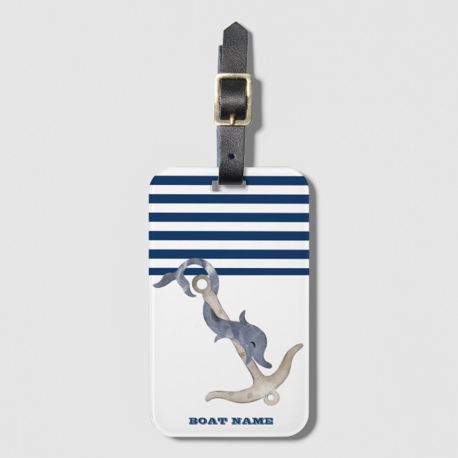 Nautical Boat Namn,Anchor Dolphin Navy Blue Rand Bagagebricka (Framsida vertikal)