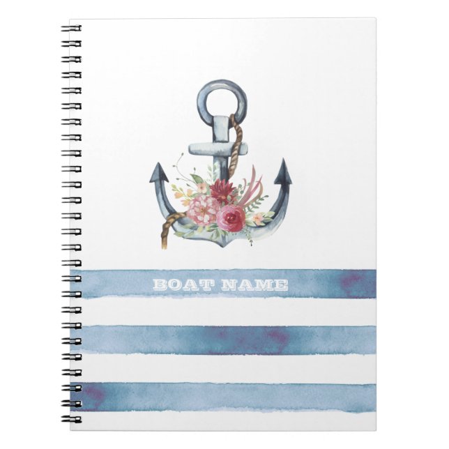 Nautical Boat Namn,Anchor Flowers Rand Anteckningsbok (Framsidan)