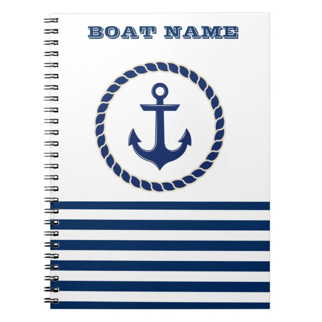 Nautical Boat Namn,Anchor Navy Blue Stripe Anteckningsbok (Framsidan)