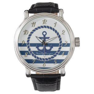 Nautical Boat Namn,Anchor Navy Blue Stripe Armbandsur