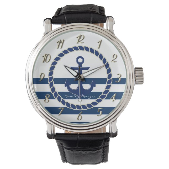 Nautical Boat Namn,Anchor Navy Blue Stripe Armbandsur (Framsida)