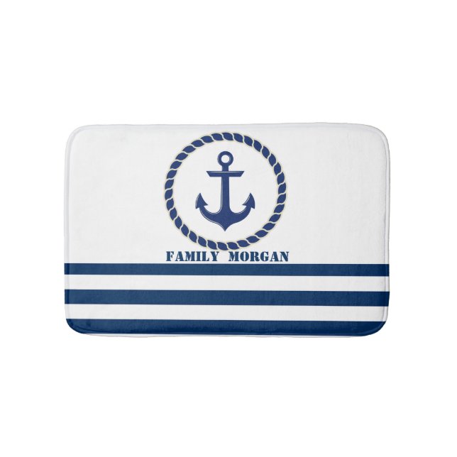 Nautical Boat Namn,Anchor Navy Blue Stripe Badrumsmatta (Framsidan)