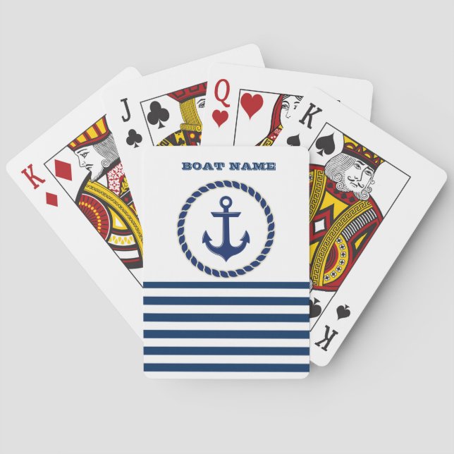 Nautical Boat Namn,Anchor Navy Blue Stripe Casinokort (Baksidan)