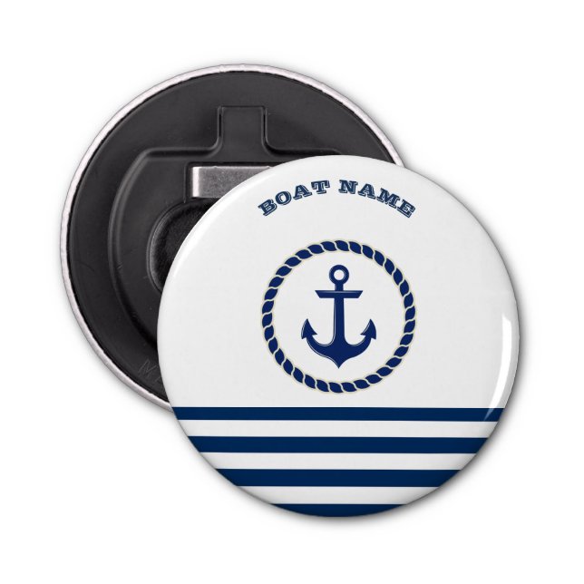 Nautical Boat Namn,Anchor Navy Blue Stripe Flasköppnare (Framsidan)