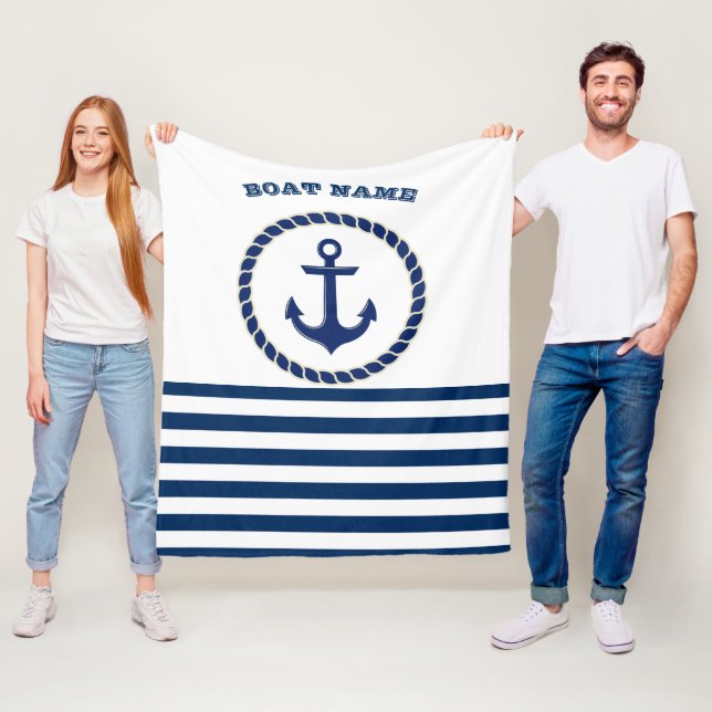 Nautical Boat Namn,Anchor Navy Blue Stripe Fleecefilt (På plats)