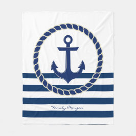 Nautical Boat Namn,Anchor Navy Blue Stripe Fleecefilt