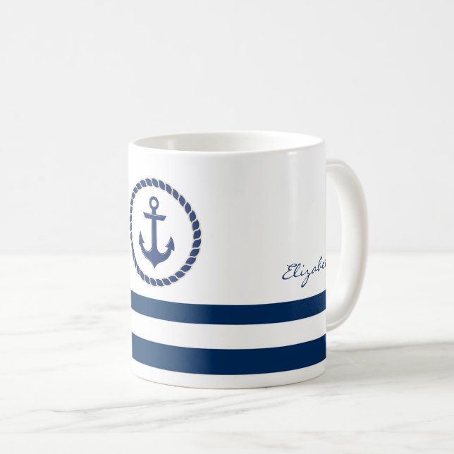 Nautical Boat Namn,Anchor Navy Blue Stripe Kaffemugg (Framsida höger)