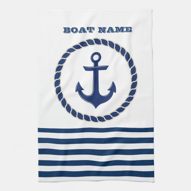 Nautical Boat Namn,Anchor Navy Blue Stripe Kökshandduk (Vertikal)