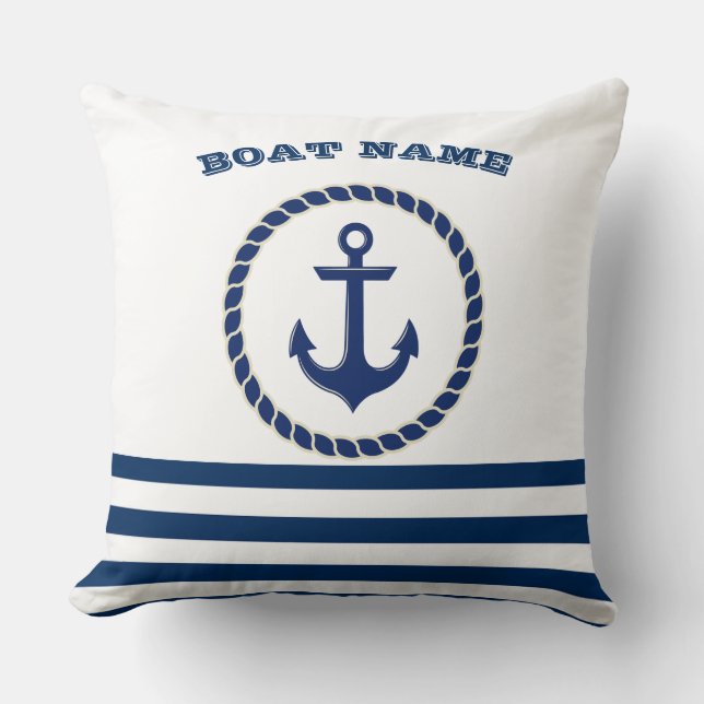 Nautical Boat Namn,Anchor Navy Blue Stripe Kudde (Framsida)