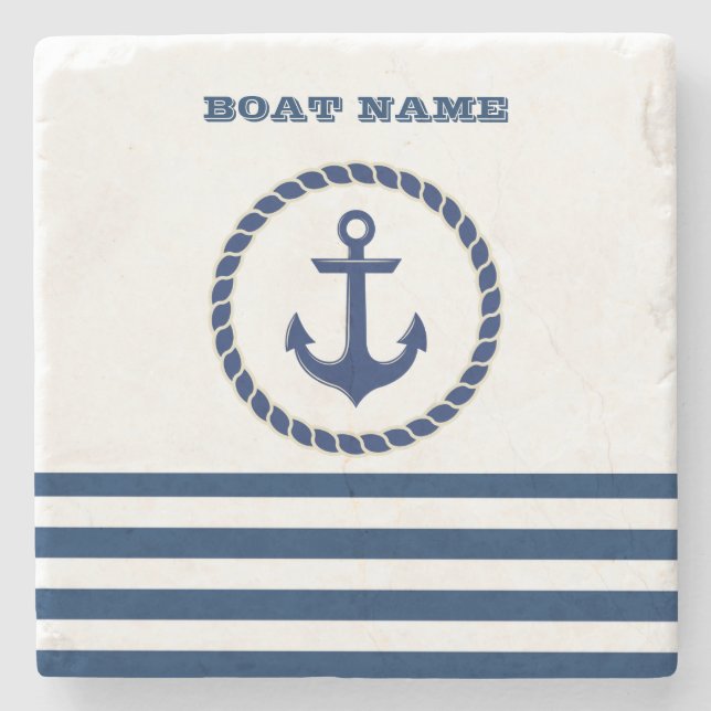 Nautical Boat Namn,Anchor Navy Blue Stripe Stenunderlägg (Framsidan)