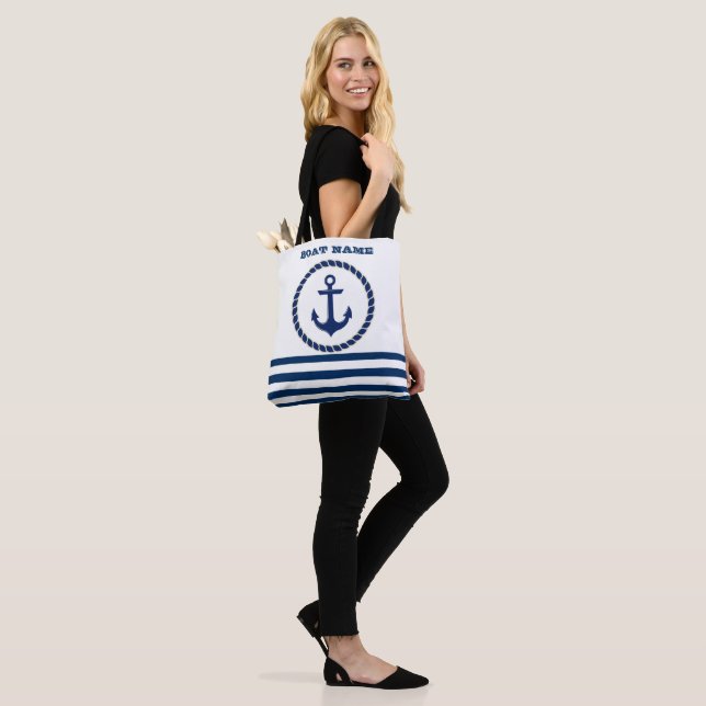Nautical Boat Namn,Anchor Navy Blue Stripe Tygkasse (På modell)