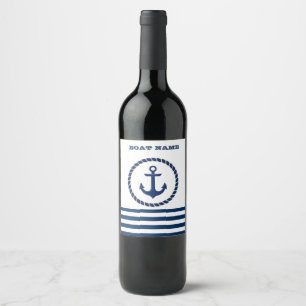 Nautical Boat Namn,Anchor Navy Blue Stripe Vinflaska Etikett