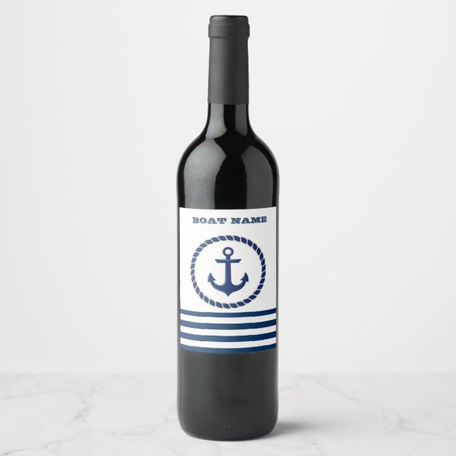 Nautical Boat Namn,Anchor Navy Blue Stripe Vinflaska Etikett (Framsida)