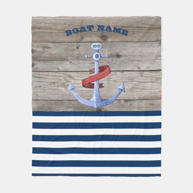 Nautical Boat Namn,Anchor Navy Blue Stripe Wood Fleecefilt (Framsidan)