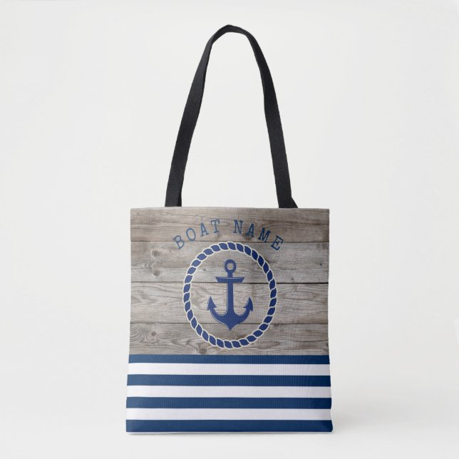 Nautical Boat Namn,Anchor Navy Blue Stripe Wood Tygkasse (Framsida)