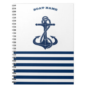 Nautical Boat Namn,Anchor Navy Blue White Rand Anteckningsbok