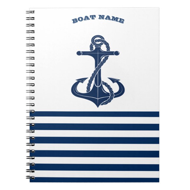 Nautical Boat Namn,Anchor Navy Blue White Rand Anteckningsbok (Framsidan)