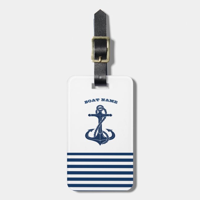 Nautical Boat Namn,Anchor Navy Blue White Rand Bagagebricka (Vertikal Framsida)