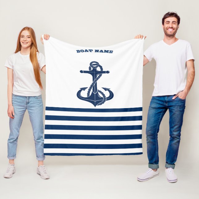 Nautical Boat Namn,Anchor Navy Blue White Rand Fleecefilt (På plats)