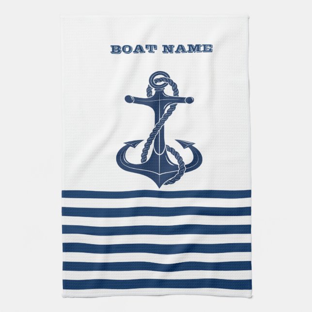 Nautical Boat Namn,Anchor Navy Blue White Rand Kökshandduk (Vertikal)