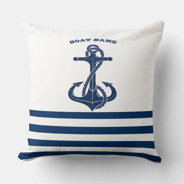 Nautical Boat Namn,Anchor Navy Blue White Rand Kudde (Framsida)