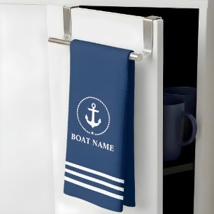Nautical Boat Namn Anchor Rope Blue Stripe Kökshandduk