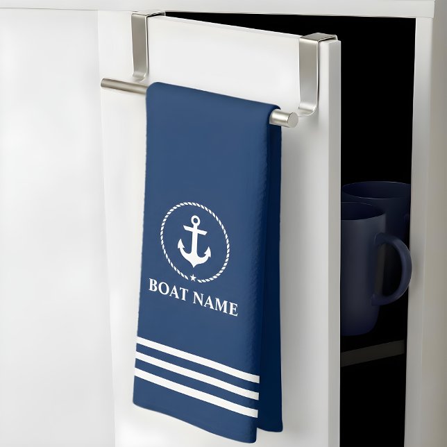 Nautical Boat Namn Anchor Rope Blue Stripe Kökshandduk (Customize to change background color.)