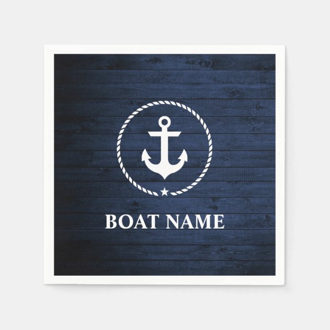 Nautical Boat Namn Anchor Rope Blue Wood Pappersservett (Framsidan)