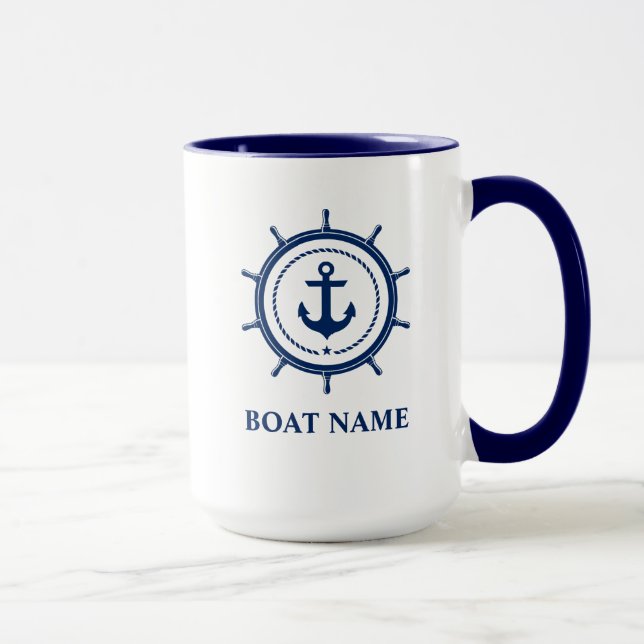 Nautical Boat Namn Anchor Rope Helm Blue Mugg (Höger)