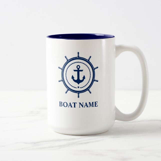 Nautical Boat Namn Anchor Rope Helm Blue Två-Tonad Mugg (Höger)