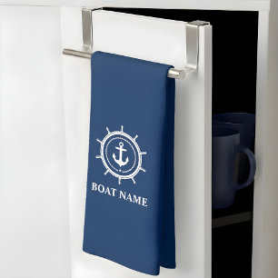 Nautical Boat Namn Anchor Rope Helm Navy Blue Kökshandduk