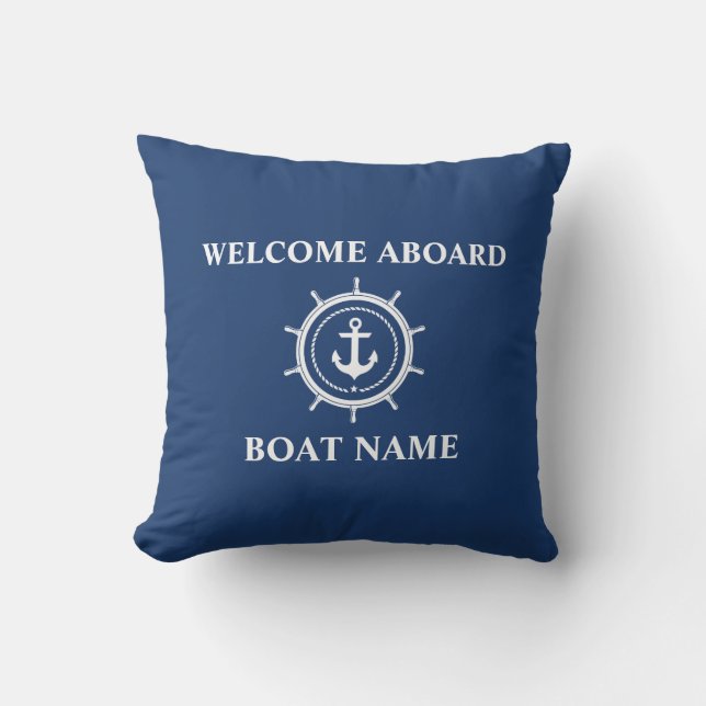 Nautical Boat Namn Anchor Rope Helm Welcome Blue Kudde (Framsida)