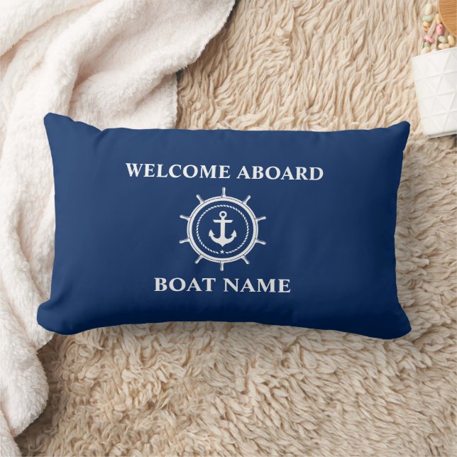 Nautical Boat Namn Anchor Rope Helm Welcome Blue Lumbarkudde (Filt)