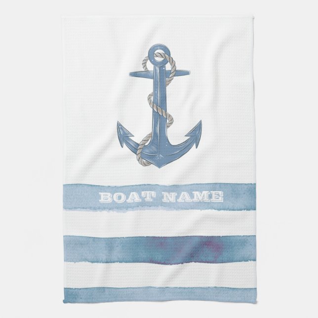 Nautical Boat Namn,Anchor,Rope,Light Blue Rand Kökshandduk (Vertikal)