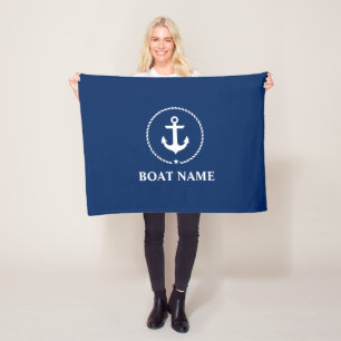 Nautical Boat Namn Anchor Rope Navy Blue Fleecefilt